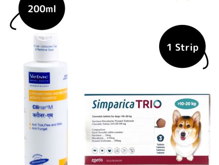 Zoetis Simparica Trio Tablet (10-20 kg) and Virbac Clinar M Shampoo Tick & Flea Control Combo for Dogs Online now