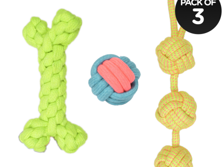 Skatrs 3 Ball Tug, Ball and Bone Shaped Rope Chew Toy Combo for Dogs and Cats Online now