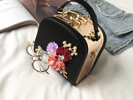 Flower Metal Gold Clip Small Square Handbag on Sale