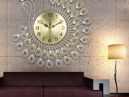 Large 3D Gold Diamond Peacock Metal Wall Clock Supply