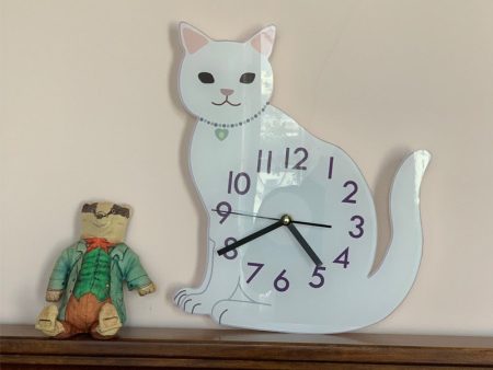 White Sitting Cat Kitten Nordic Wall Clock For Sale