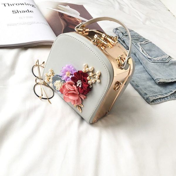 Flower Metal Gold Clip Small Square Handbag on Sale