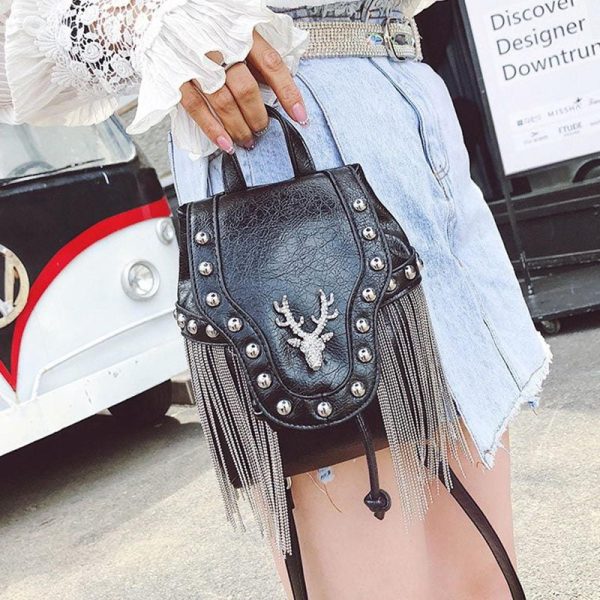 Gothic Reindeer Rivet Leather Handbag Purse Bag with Tassel Online Hot Sale