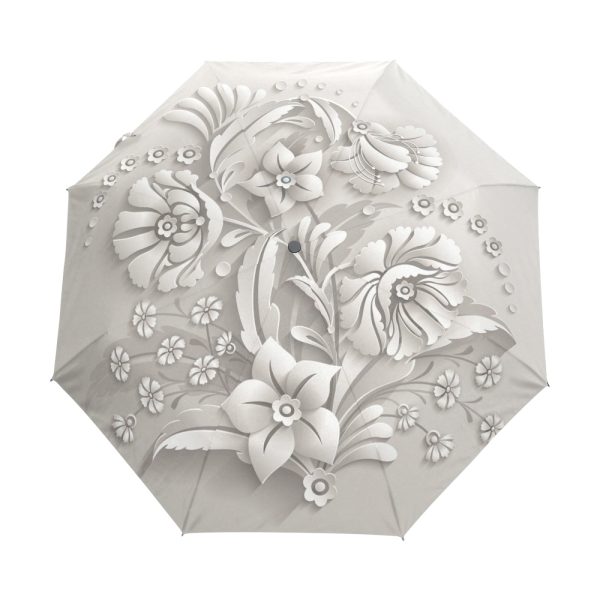 Modern White Rose Floral Sun Protection Inside Black Coating Automatic Umbrella For Sale