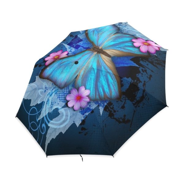 Blue Butterfly Over Flowers Print Folding Automatic Umbrella Online now