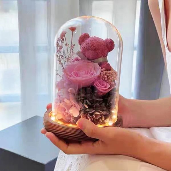 Teddy Bear Rose in Glass Dome with LED Light Valentine Gft for Her Supply