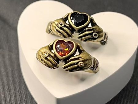 Wholesale Trendy Retro Carving Hands Embrace Red Zircon Couple s Ring Finger Ring Design All-match Valentine s Day Hot on Sale