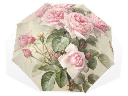 Vintage Pink Rose Floral Print Three Folding Portable Automatic Umbrella Cheap