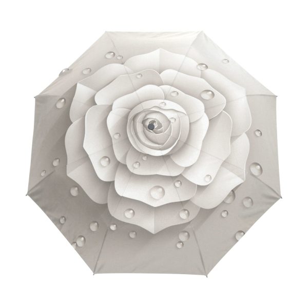 Modern White Rose Floral Sun Protection Inside Black Coating Automatic Umbrella For Sale