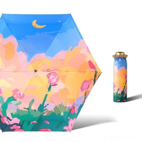 Beautiful Flower Oil Painting Pattern Travel Mini Parasol Pocket Umbrella Fashion