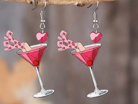 Wholesale Valentine s Day Limited Pink Heart Wine Glass Acrylic Party Creative Design Earrings Hot on Sale